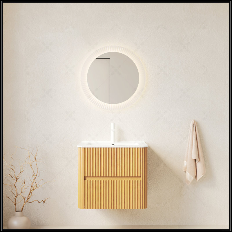 Meuble-lavabo mural flottant avec 2 tiroirs, lavabo en céramique blanche et finition grain de bois naturel, pré-assemblé pour une installation facile