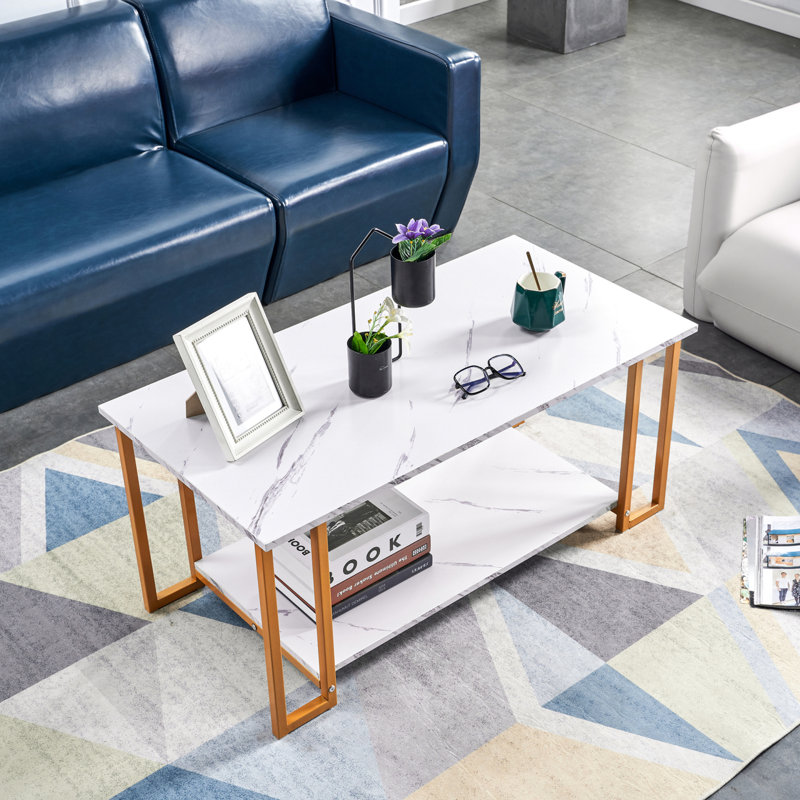 Table basse D&N, 2 couches de 1,5 cm d'épaisseur en marbre et panneau de fibres à densité moyenne rectangulaire 39,37 po, table basse en fer, salle à manger, café
