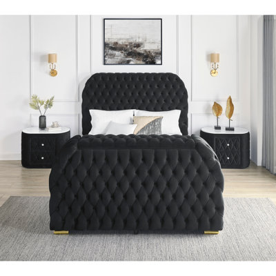 1pc Luxurious Comfort Innovative Design Queen Bed Deeply Tufted Headboard Upholstered Black Velvet Television Lift Built-in Electric Fireplace Bedroom Furniture