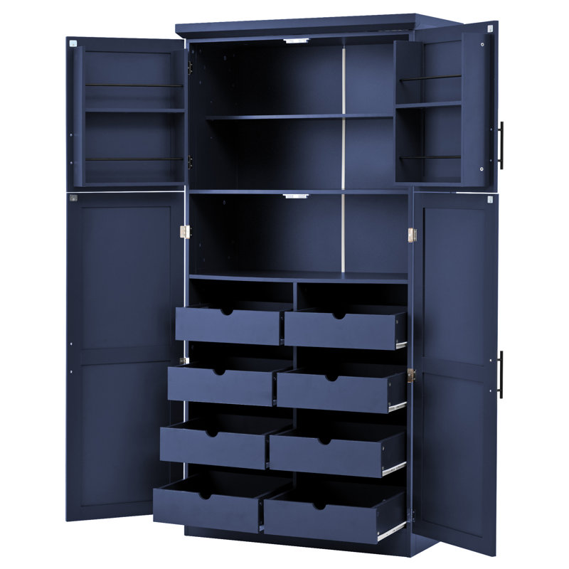 Armoire de cuisine autoportante, armoire de rangement haute avec 4 portes, 2 tablettes de porte, 8 plateaux coulissants et tablette réglable pour la salle à manger, bleu