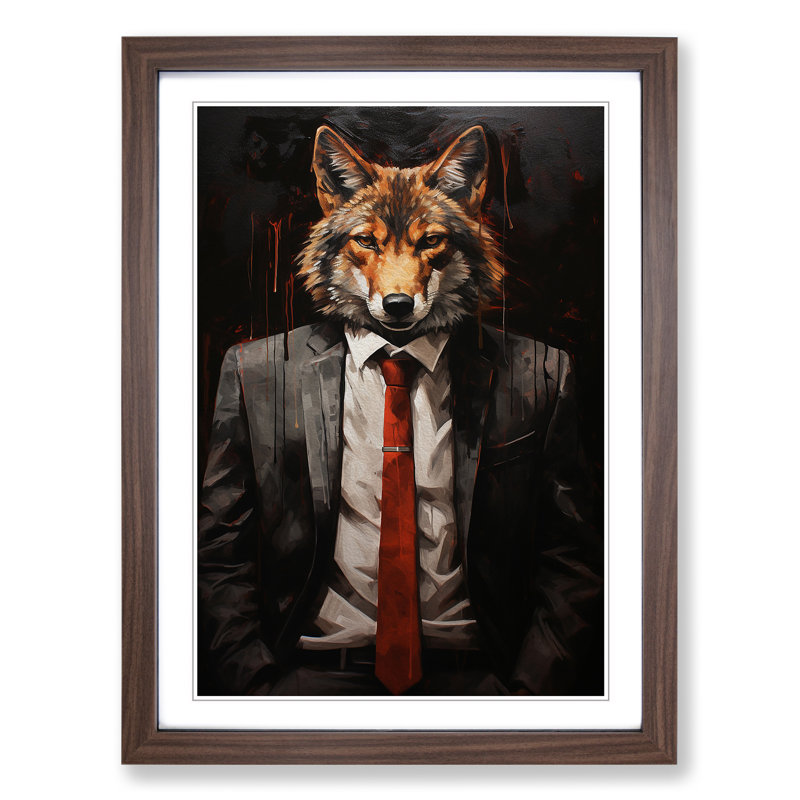 Wolf In A Suit Painting No.3 - Single Picture Frame Print on Wood, 64cm H x 46cm W x 2cm D, Walnut