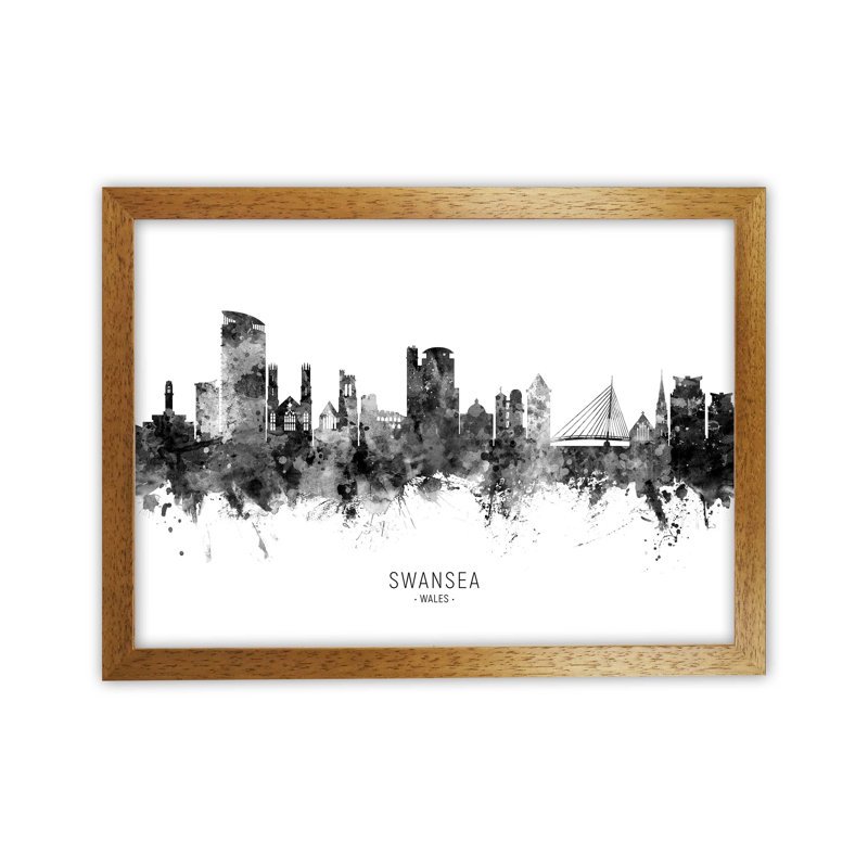 Swansea Wales Skyline Black White City Name by Michael Tompsett - Print, 25cm H x 34cm W x 3cm D, Brown Framed