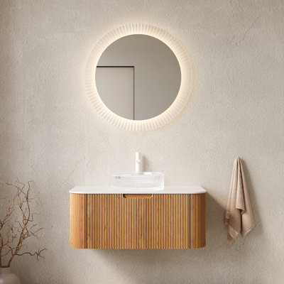 Bathroom Vanity 36" With Transparent Crystal Basin, Natural Color, Soft Close Undermount Drawer Slides Round Sink, Drawer, System, Ample Storage Space