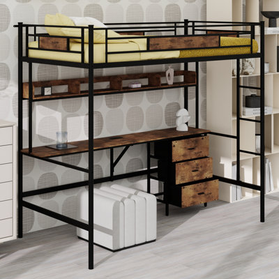Space Saving Loft Bed with L-Shaped Desk,and Drawer Storage
