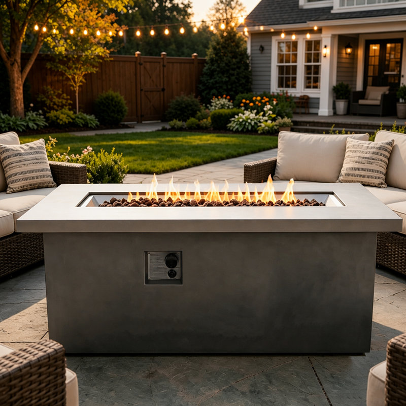 Table rectangulaire pour foyer d'extérieur au gaz en béton avec brûleur au propane et rangement