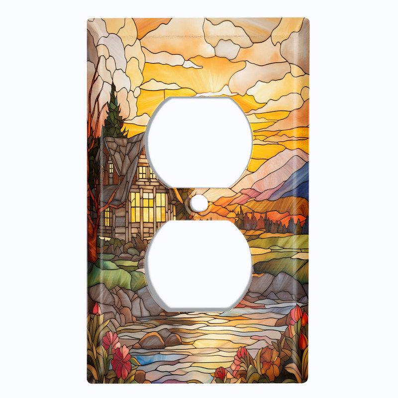 Couvercle de plaque d'interrupteur en métal; Format standard américain - Image imprimée du vitrail de ferme Homestead Sunset