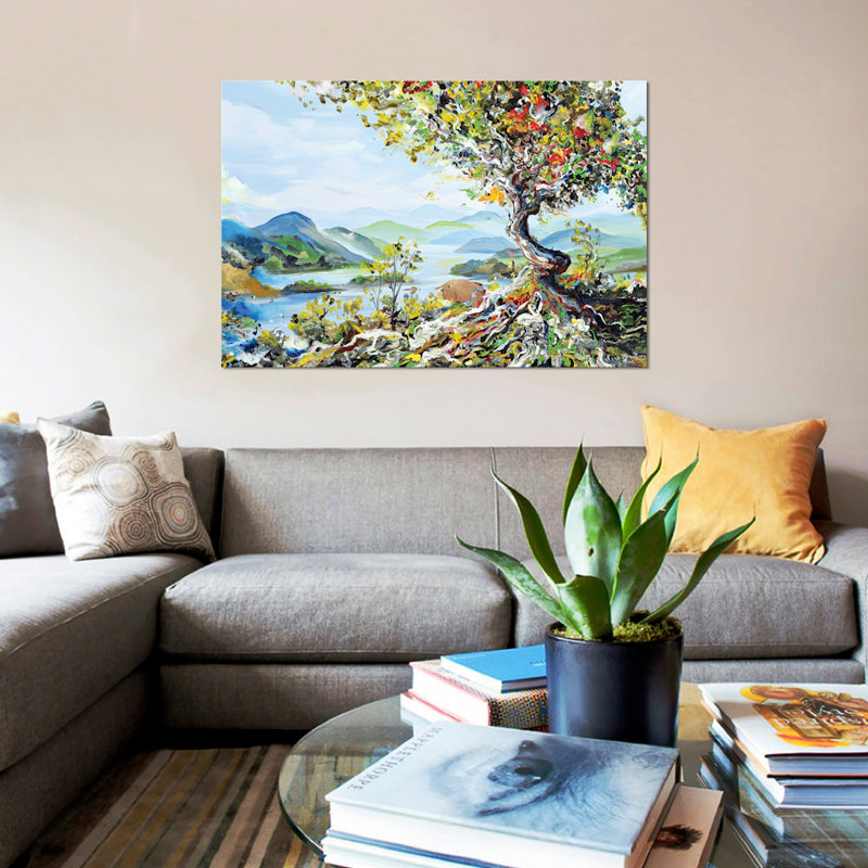 " Tree With Mountains " Oil, 18" H x 26" W x 1.5" D, Black Framed Canvas, No Mat