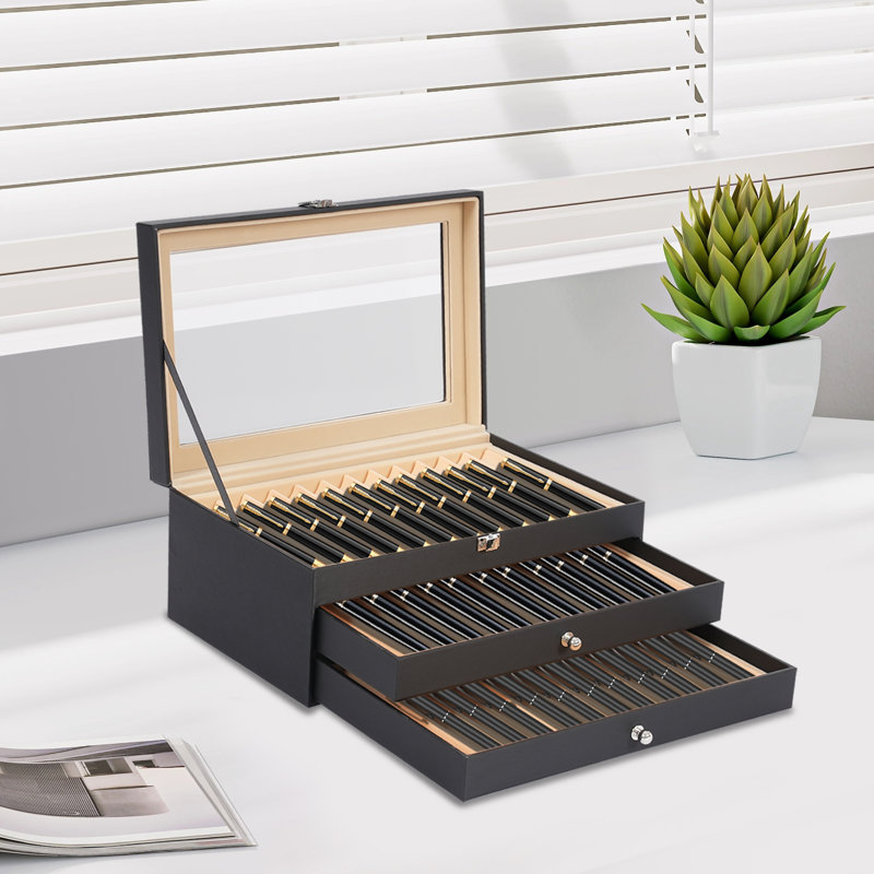 Boîte à crayons en cuir 36 fenêtres avec fenêtre en verre, Noir