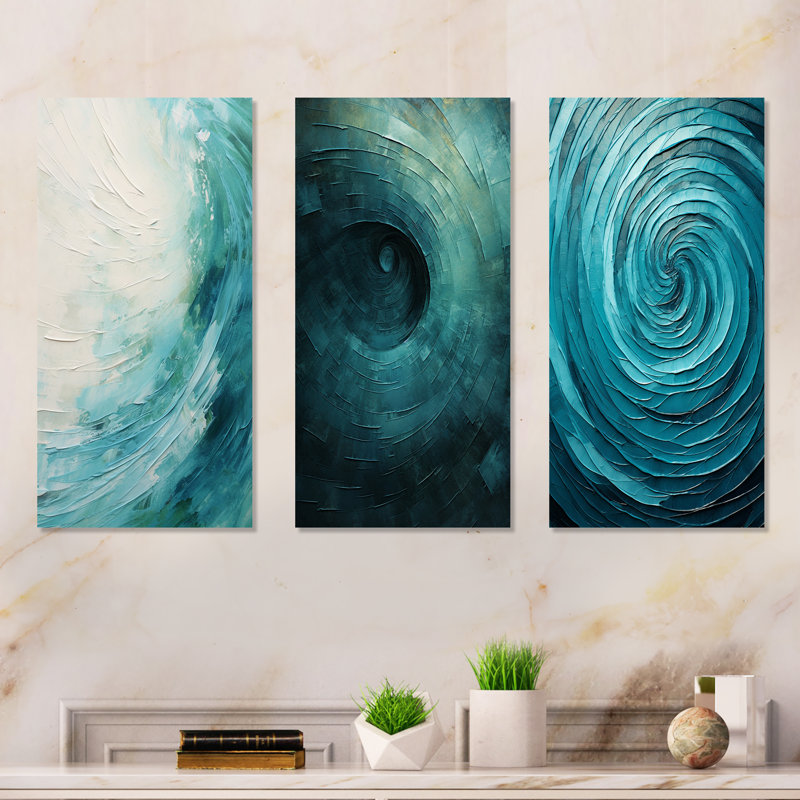 Bleu sarcelle torsadant la tranquillité en spirale - ensemble de 3 peintures murales abstraites en métal, H 28 po x l 36 po