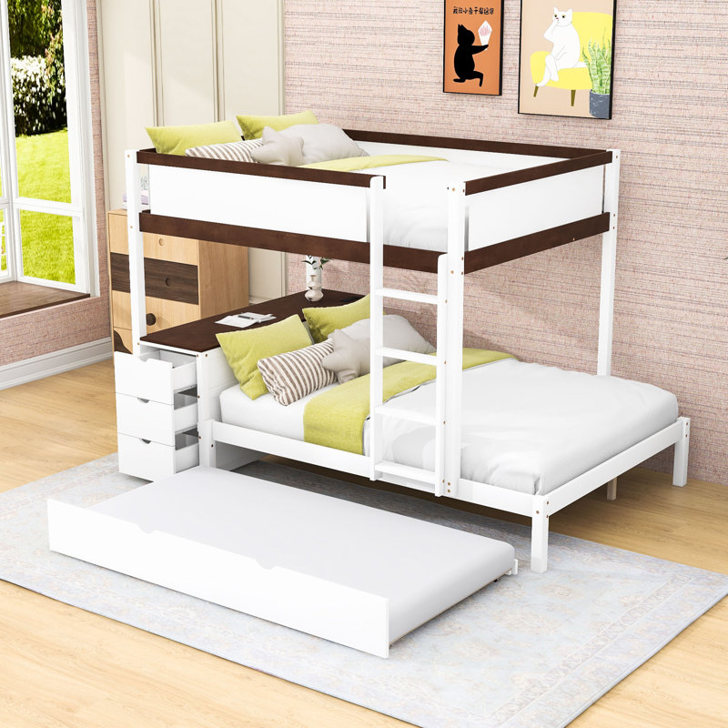 Lit superposé avec lit gigogne simple, prises USB et tiroirs de rangement, tablettes, Lit superposé double sur double