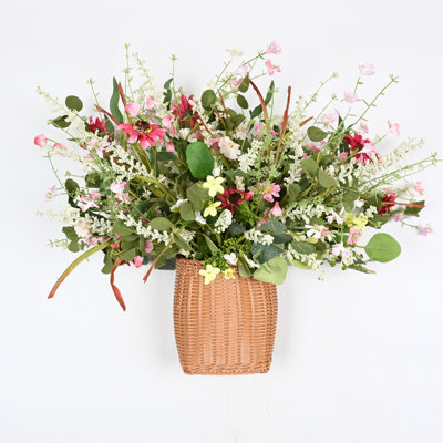 Artificial Farmhouse Spring Summer Berry Daisy Floral Arrangement With Basket For Front Door Wall Decor, Blossoms Cluster Greenery Eucalyptus Faux Flower For Dining Table Centerpieces, Home Office Wedding Party Decor