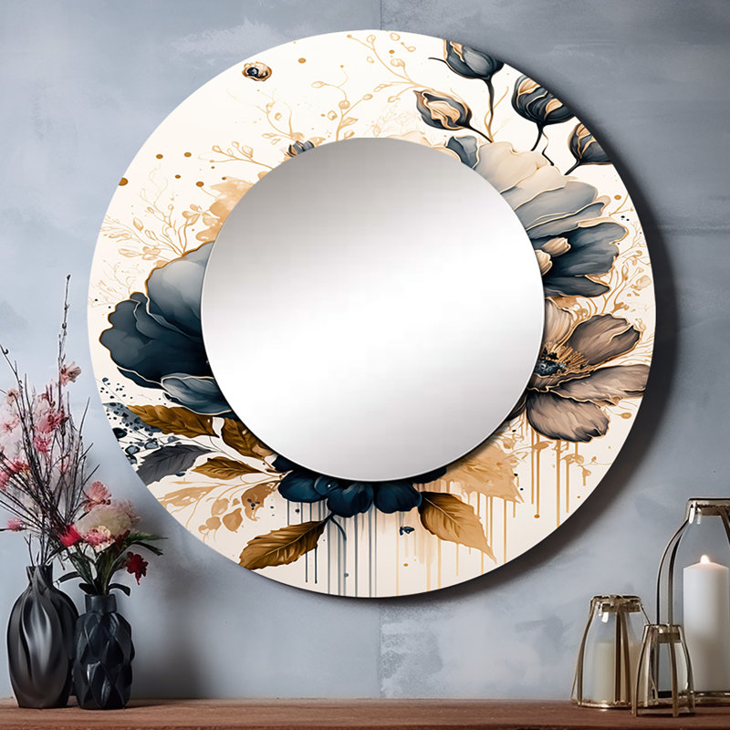 «Prisicilla» bleu marine et doré fleurs de pavot III - miroir mural coquelicot, 36 po x 36 po