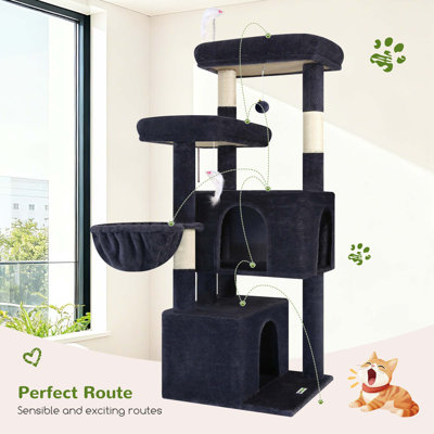 55-inch cat climbing frame, suitable for multi-layer cat tree for more than 4 cats, with 2 condos, sisal scratching posts and hammock, stable structure and space-saving indoor cat climbing frame.