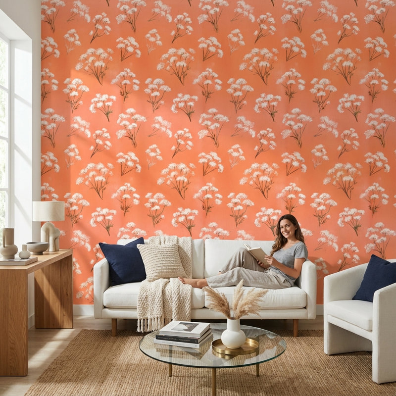 Floral Wallpaper Orange Removable Modern Wall Mural, Non-Woven Non-Pasted
