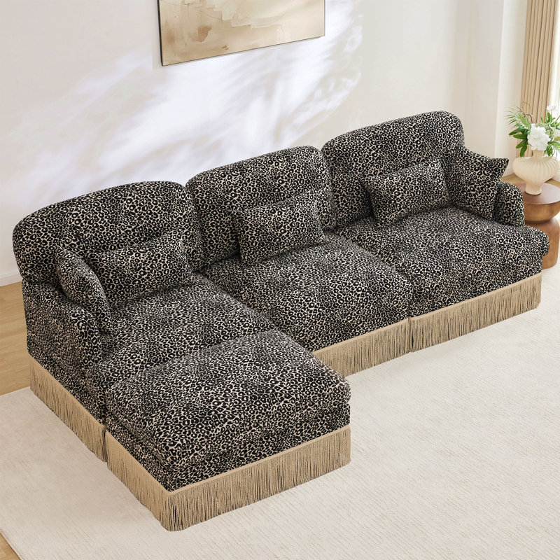 Canapé en L 100 po à imprimé léopard confortable en chenille, bord de pampille délicat, repose-pieds mobile, style moderne, dossier et siège ergonomiques, assemblage facile, siège profond