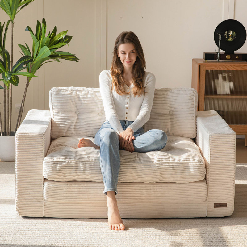 Canapé Bean Bag, causeuse de plancher, Velours côtelé beige, H 29,5 po x l 55,5 po x P 32 po