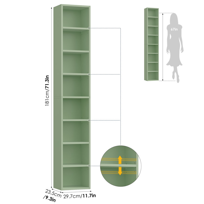 Gracyn 8-Tier Narrow Bookshelf With Adjustable Shelves, Green, 1