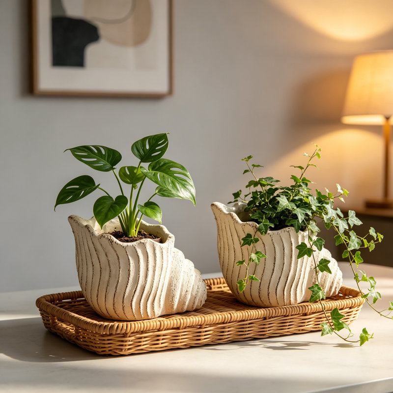 11.5x7x7" Sand and Cement Nautilus Shell Planter –Set of 2 Textured Beige Finish Decorative Flower Pot for Succulents, Herbs & Trailing Plants, Coastal Rustic Boho Indoor/Outdoor Home Decor, Unique Gift