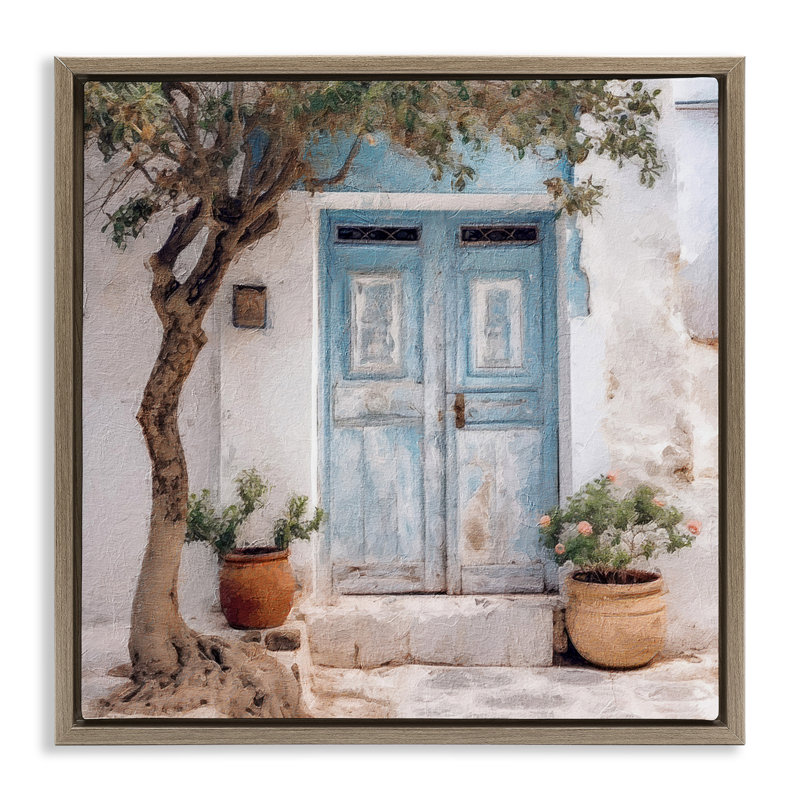 «Tree & Blue Doorway», art mural encadré par RileyB, Cadre flottant orme Montalcino, H 25 po x l 25 po