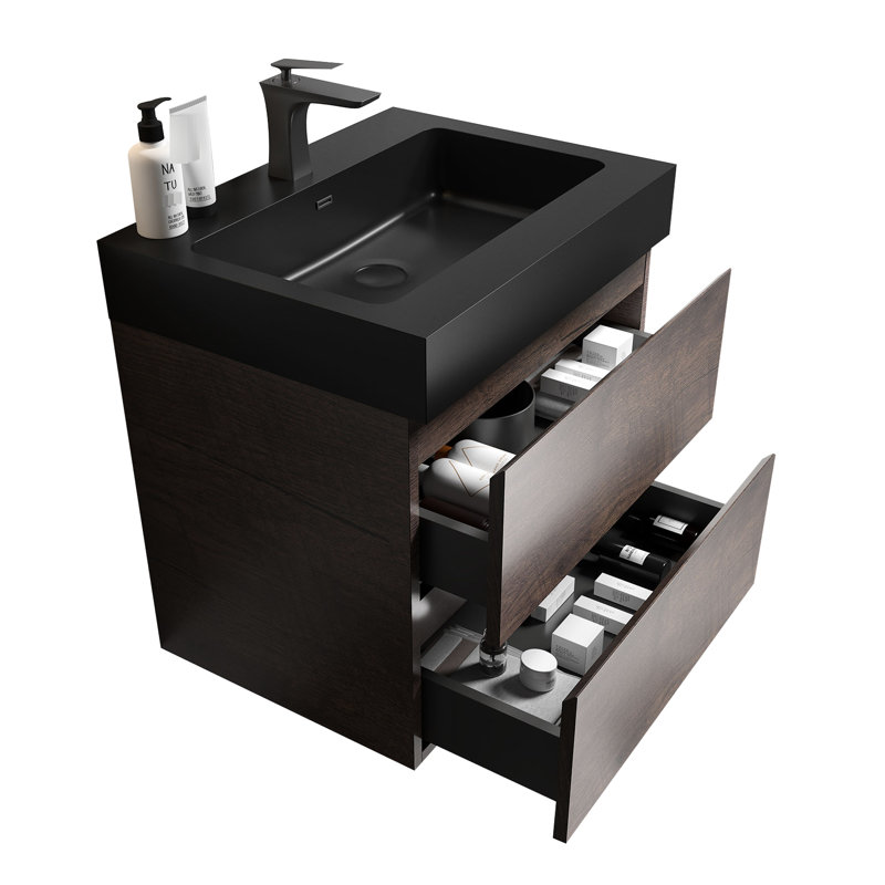 Meuble-lavabo en noyer de 61 cm (24 po) - Style moderne, lavabo inclus, grand espace de rangement, tiroirs silencieux, finition sophistiquée