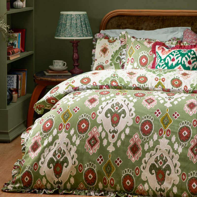 Dawson Cotton Blend Abstract Duvet Cover Set with Pillowcases, Green, Double Duvet Cover + 2 Standard Pillowcase