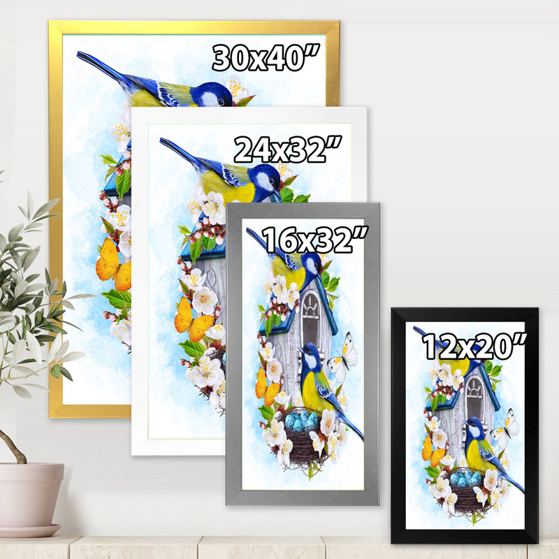 Deux mésanges assis près du nid avec œufs I - Impression sur toile, H 40 po x l 30 po x 1,5 po, Toile avec cadre argenté