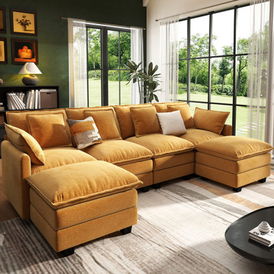 George 6-Piece Upholstered Chenille U Shaped Sectional Sofa with Two Ottomans