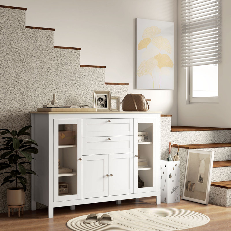 Red Barrel Studio® Modern Buffet Cabinet Sideboard With Storage Cupboard Glass Doors And Adjustable Shelves For Kitchen Living Room Oak White
