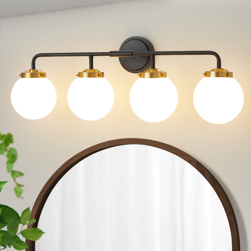 Luminaire de salle de bain à intensité variable avec abat-jour en verre soufflé à la main Karlei, 4, Noir et or, Blanc