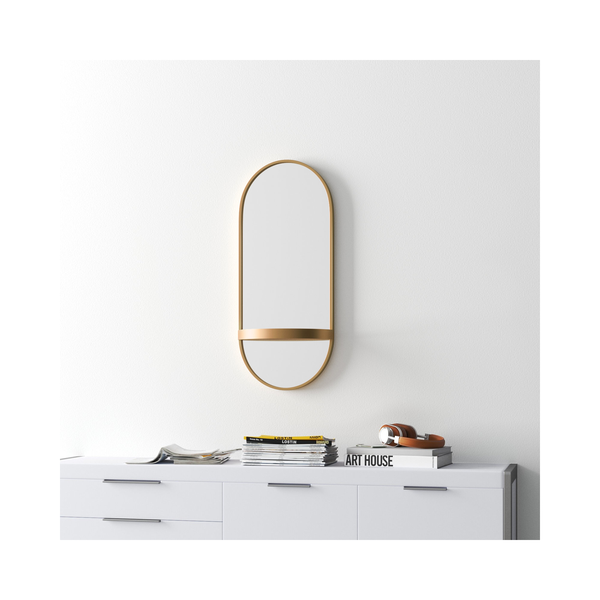 Lumi Metal Flat Mirror with Shelves, 38" H x 16" W, Gold