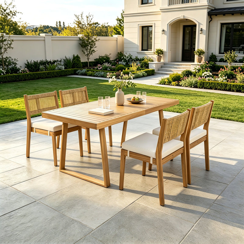 Ensemble de salle à manger de patio en bois massif 5 pièces avec coussins épais amovibles, adapté à une utilisation intérieure et extérieure