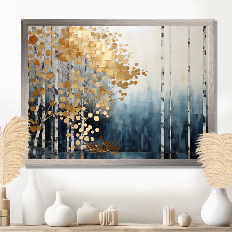 Minimalisme bleu et forêt dorée - art mural forêt, H 30 po x l 40 po x P 1,5 po, Cadre simple argenté