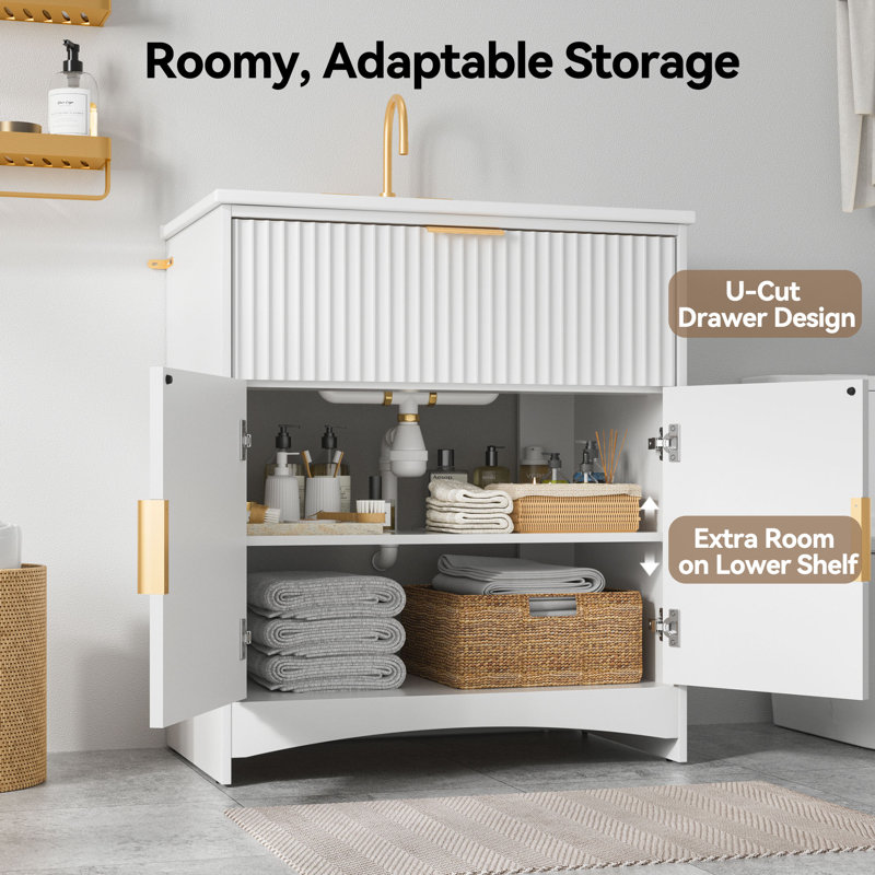 30" Bathroom Vanity With Ceramic Sink, Fluted Undermount Storage Cabinet, Natural Oak Finish Or White, White