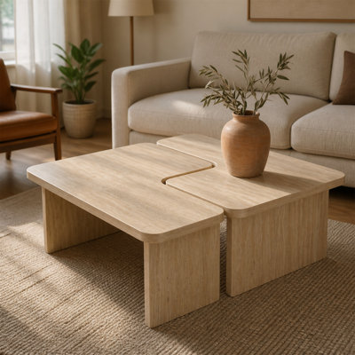 Ensemble de 2 tables basses modulaires en faux béton, table gigogne emboîtable avec pieds en dalle et table de centre industrielle moderne beige ardoise pour le salon