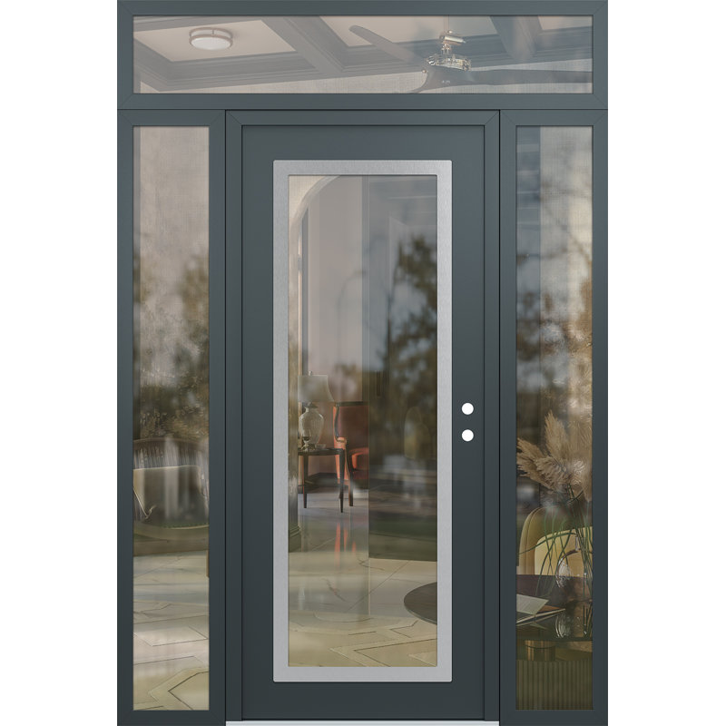 Panneau d'entrée en acier argenté anthracite / anthracite avec panneau latéral et porte d'entrée pré-suspendue à traverse
