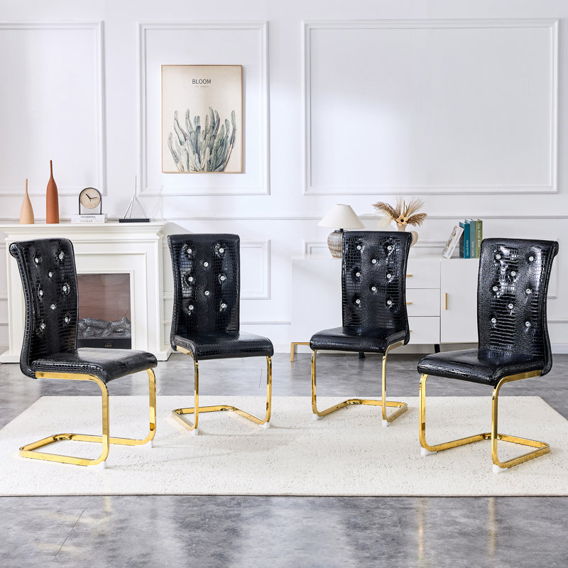 Mid-Century Modern Dining Chairs With PU Leather Cushioned Spring Pack, 4, Gold, Black