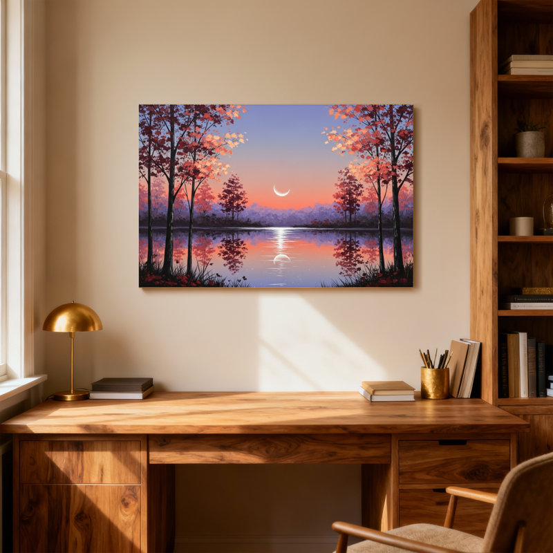 Paysage et nature, arbres d'automne, coucher de soleil sur le lac, lune, reflet, couleurs du ciel, H 12 po x l 18 po