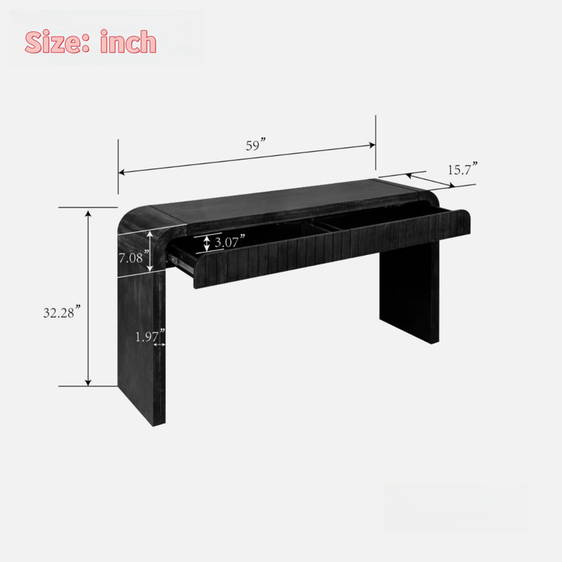 Farmhouse Avey Console Table With Two Hidden Handle Drawers And Curved Edge, Antique Black