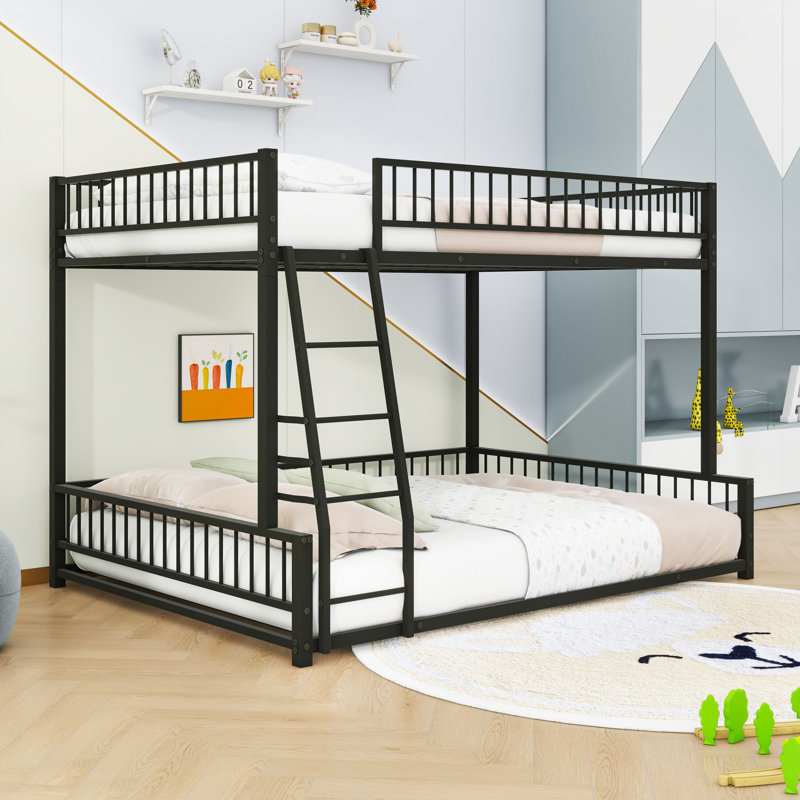 Bunk Bed Frame With Ladder And Guardrails, Black, Full XL over Queen