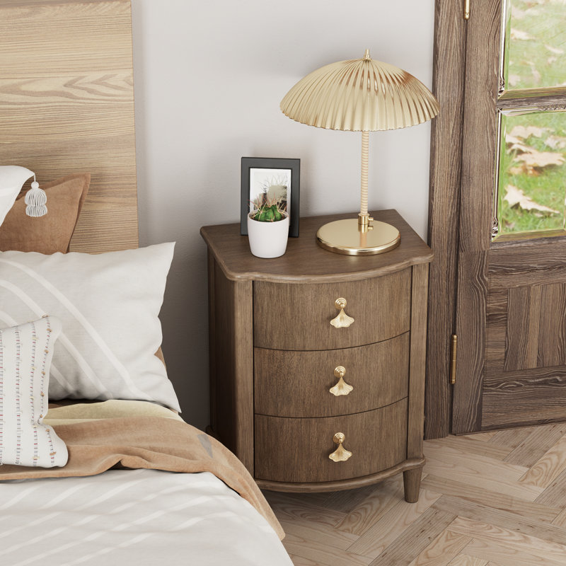 Elegant 3-Drawer Nightstand With Gold Leaf Handles, Brown