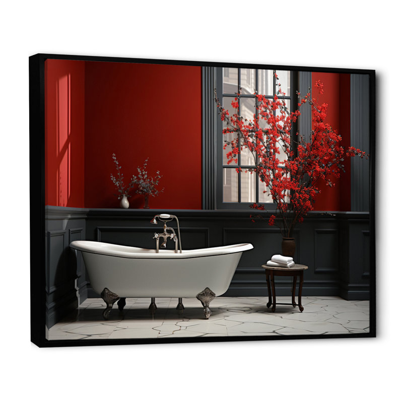 Rouge moderne, charme de salle de bain V - Art mural, H 34 po x l 44 po x P 1,5 po, Cadre flottant noir