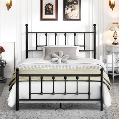 Full 14 Inch Victorian Vintage Metal Platform Bed Frame, Headboard Footboard, Underbed Storage, Black - No Box Spring Needed