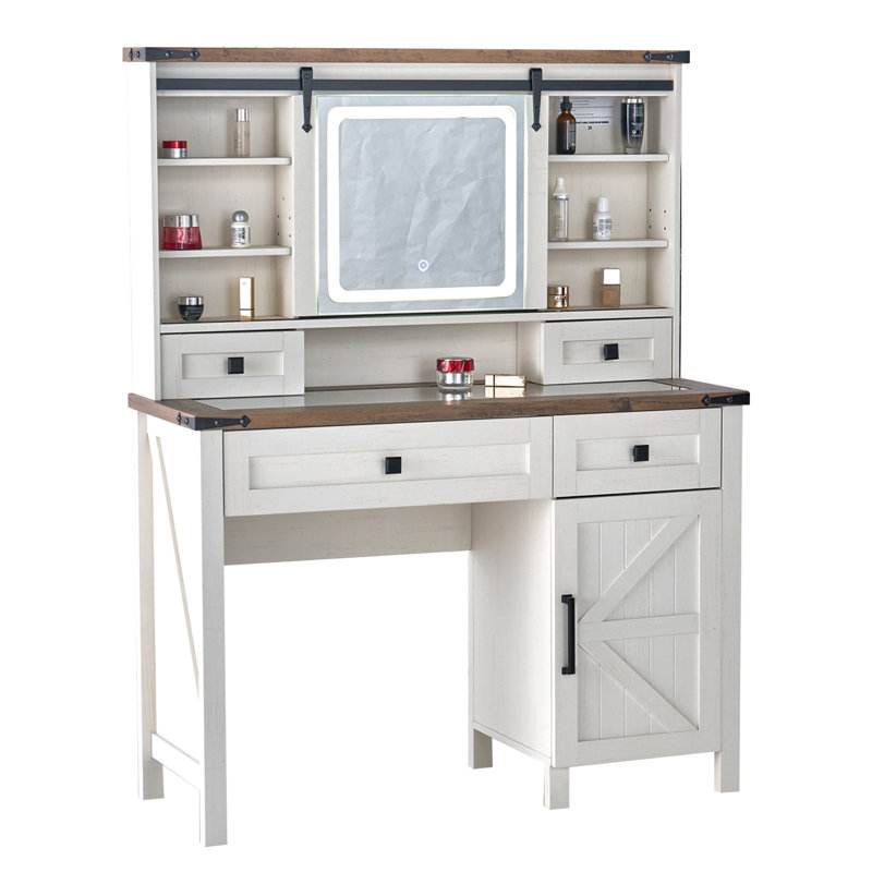 Bureau de coiffeuse avec miroir coulissant Farmhouse, Blanc