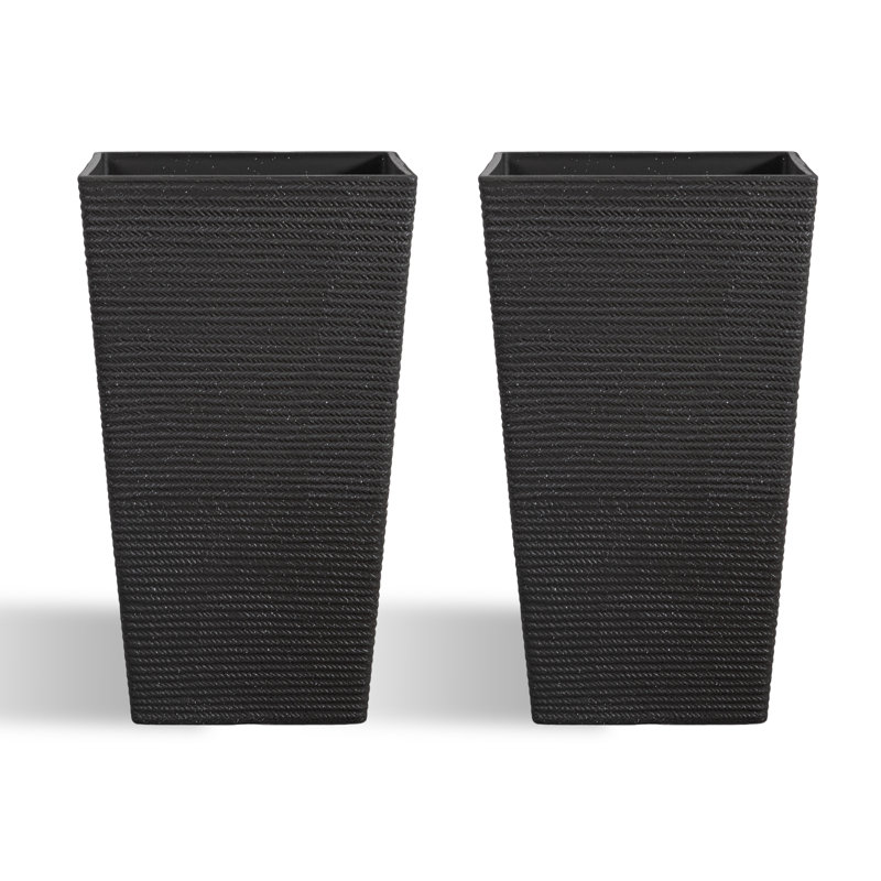 27.2-Inch Tall PE Tapered Planter Pots with Woven Texture, Black