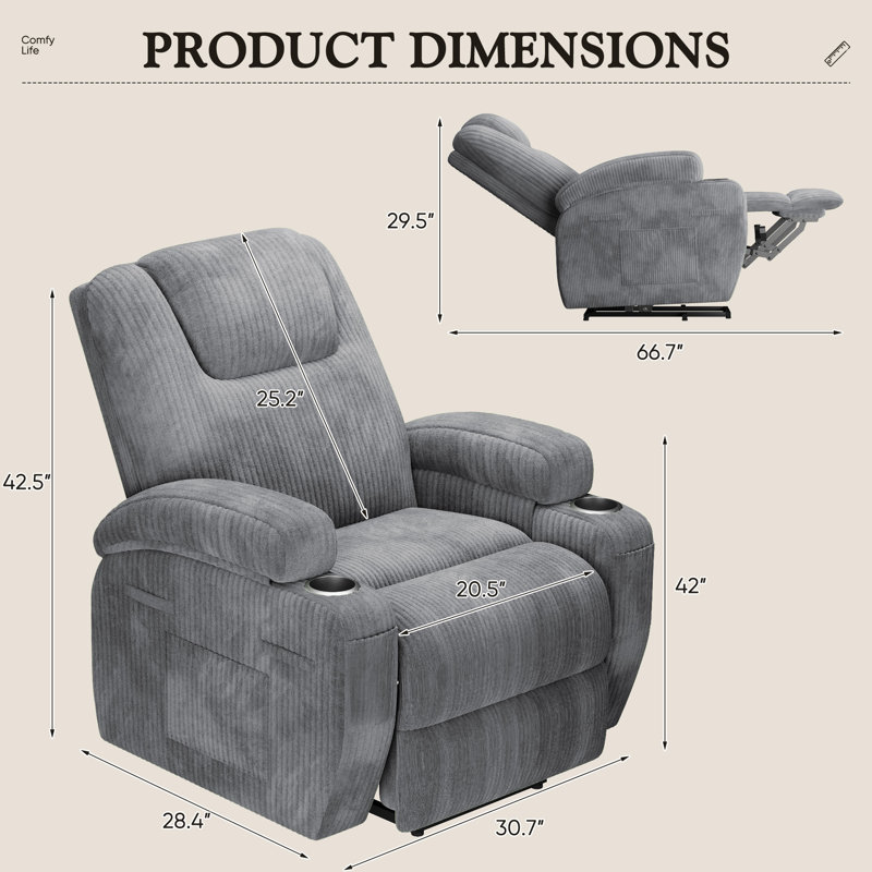Fauteuil inclinable électrique avec massage Power Lift, Velours côtelé gris