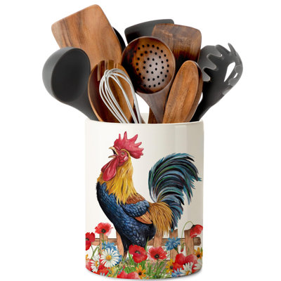 Rooster Kitchen Decor Ceramic Utensil Holder, Cute Rooster Utensils Holder For Farmhouse Indoor Kitchen Decorations Rustic Farmhouse Decor (6.3 Inch)