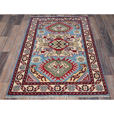 2'9"x4' Lichen Blue, Kazak with Tribal Design, Vegetable Dyes, Soft and Shiny Wool, Hand Knotted, Denser Weave, Sample, Mat, Oriental Rug