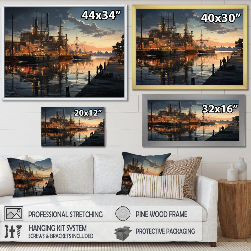 Port Industrial Elegance I - Imprimé, Cadre flottant doré, H 16 po x l 32 po x P 1 po