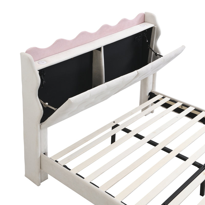 Lit plateforme tapissier avec rangement Lazarinka, Double, Beige