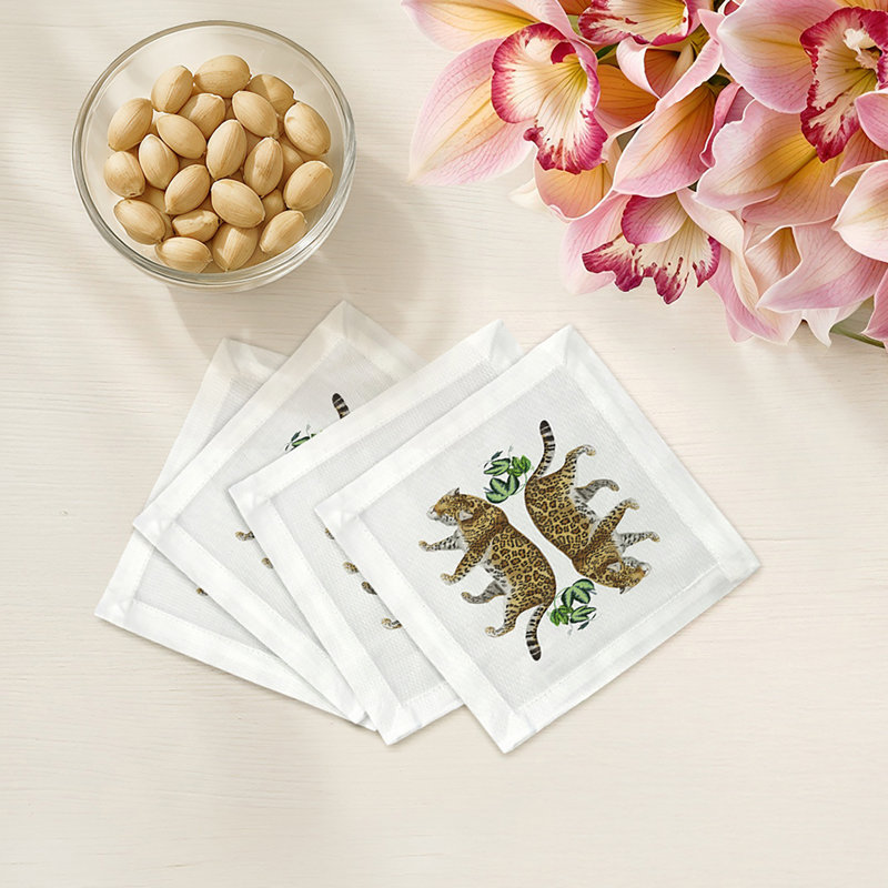 Leopard Seeing Double Cotton Sateen Cocktail Napkins, White